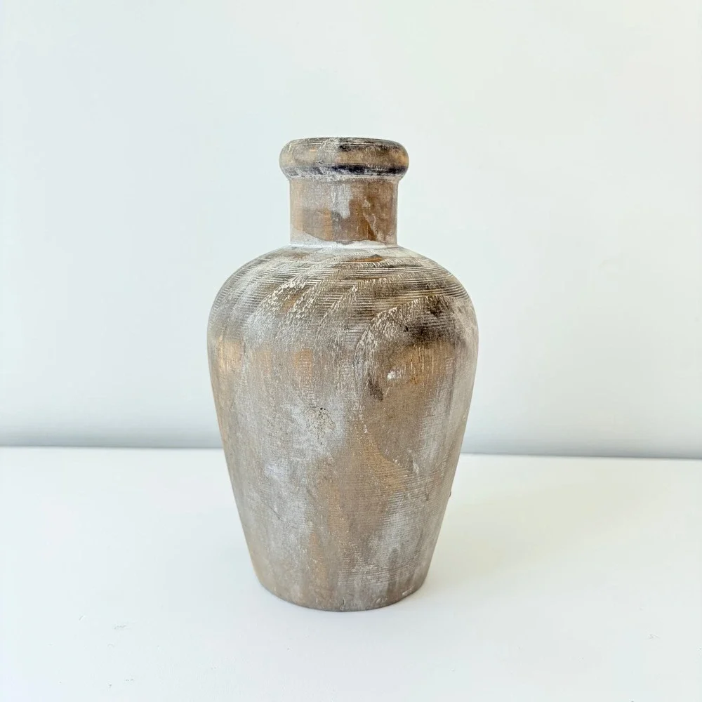 Vintage Hand Carved Whitewash Wooden Vase Rustic Farmhouse Decorative Vessel 7in